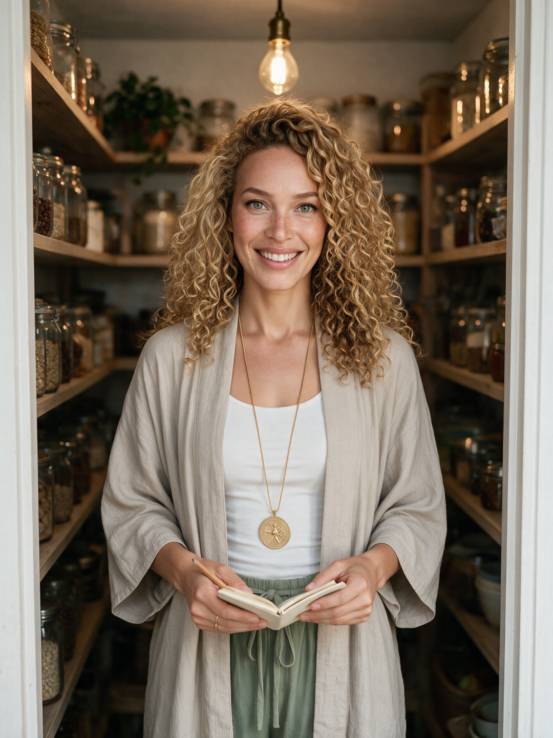 Hazel smiling in her pantry with a notebook