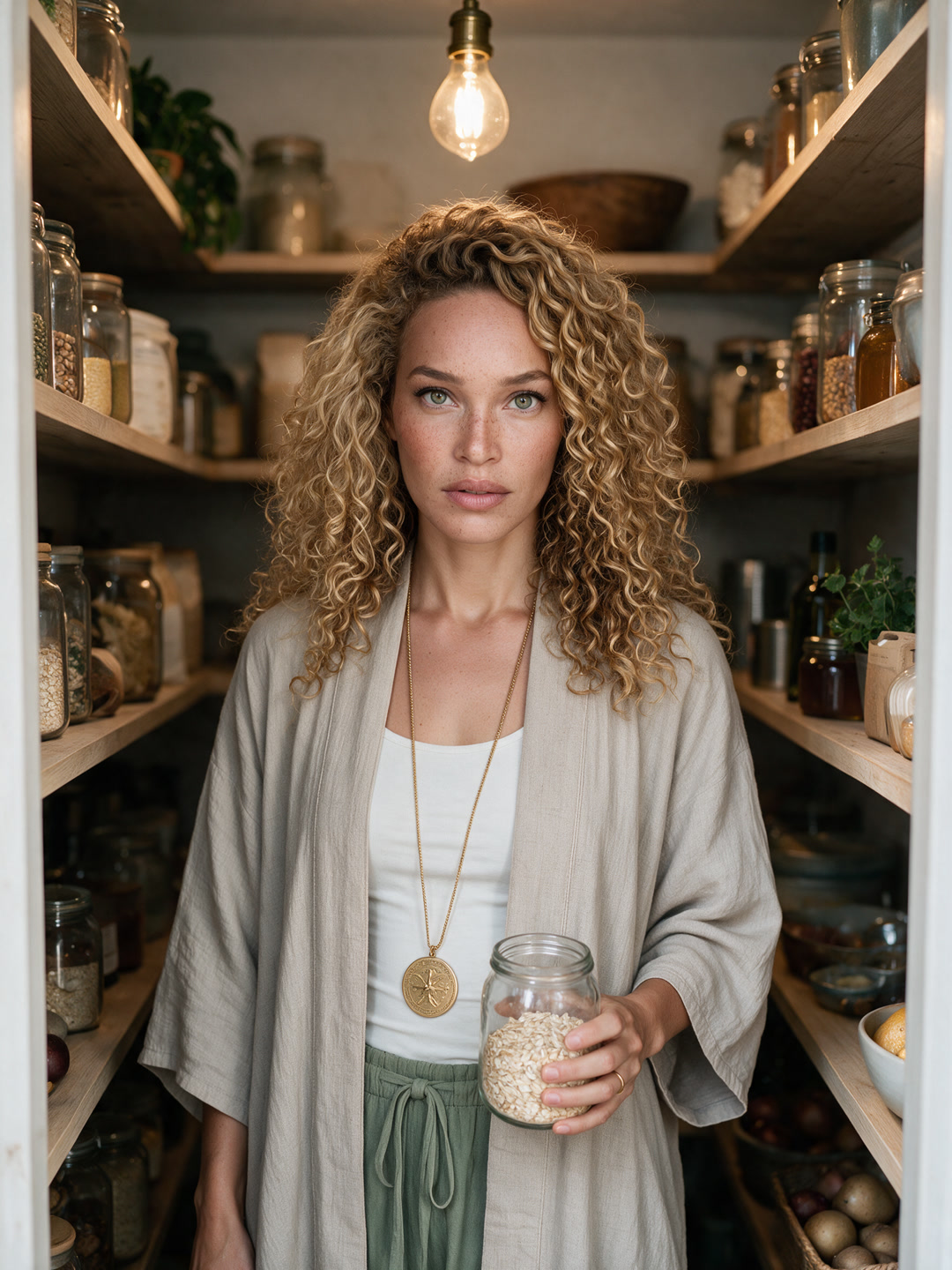 Hazel standing in her pantry holding a jar of oats